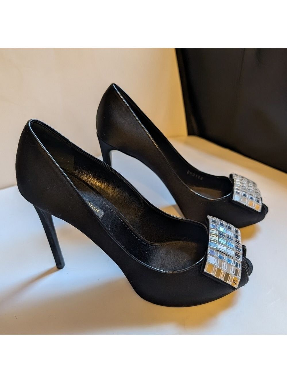 Louis Vuitton Black Satin Embellished Peep Toe Pumps Size 36.5 in EUC